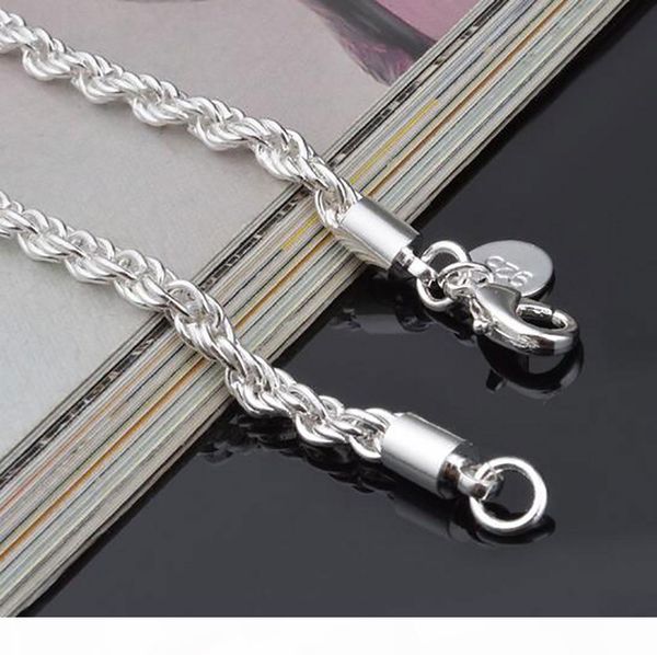 

k 4мм 925 sterling silver twist rope цепи мода браслет цепь для мужчин женщины свадеб браслета ювелирных изделий diy аксессуары 8inch, Black
