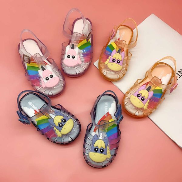 

cartoon 2020 new melissa girls unicorn jelly sho children's flat sandals, Black;red