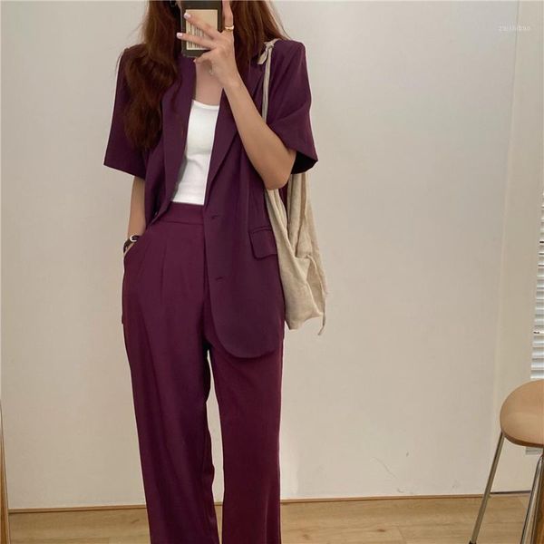 

2020 new women blazer pants suit elegant office lady loose solid short sleeve blazers + pants suits 2 piece sets1, White;black