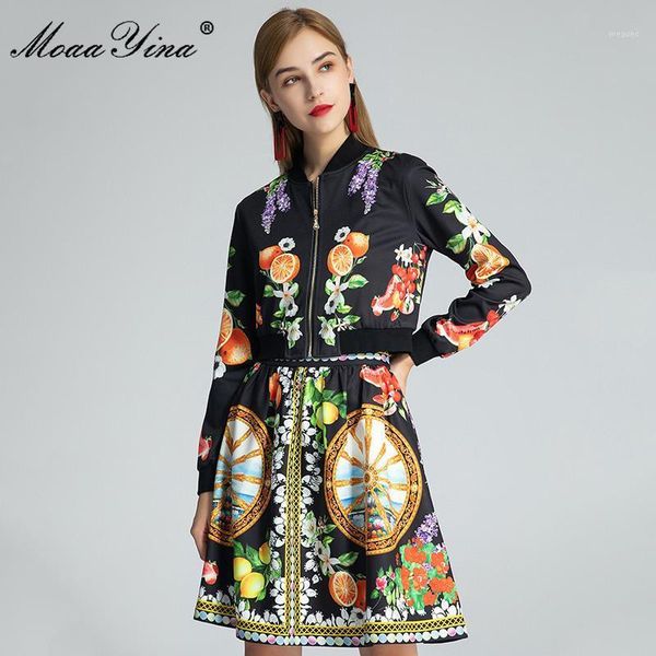 

moaayina fashion designer set autumn women long sleeve jacket +sicily lemon fuirt skirt floral-print two-piece sets1, Gray