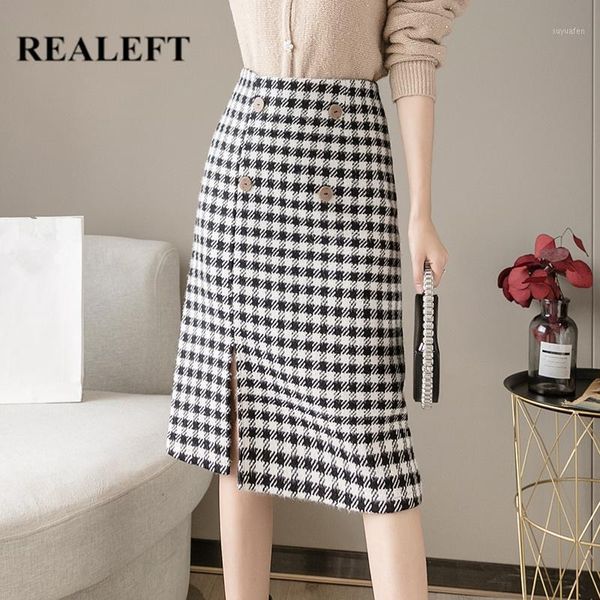 

realeft women's woolen pencil skirts plaid fashionable office ladies high waist elegant lady winter midi skirts female 2020 new1, Black
