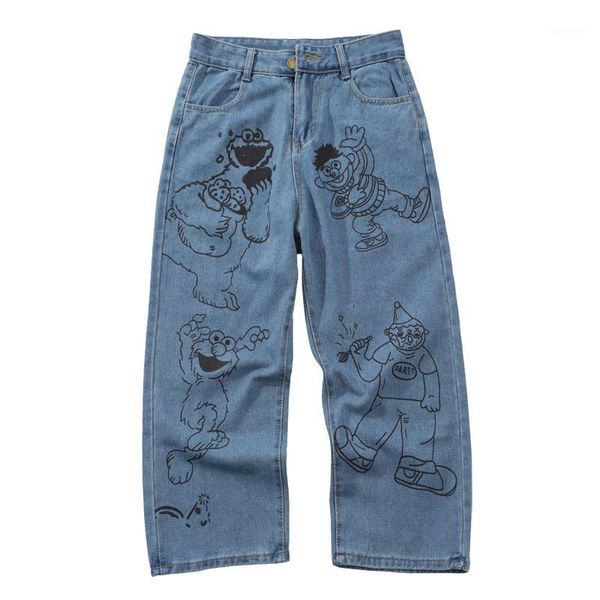 

women's jeans summer harajuku fashion design women full length zipper cartoon bears straight pants femme denim trouser, Blue