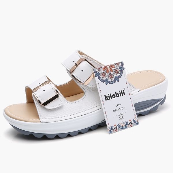 

kilobili slippers buckle real leather slides shoes solid thick sole heels beach sandals women outside flip flops summer y200624, Black