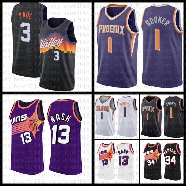 

2021 new basketball jersey phoenix suns mens devin 1 booker chris steve 13 nash 3 paul charles 34 barkley, Black;red