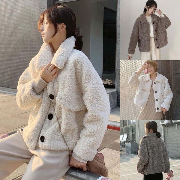 

women's fur & faux elegant women coat streetwear autumn winter beige imitation lambswool plush fashion female overcoat party 2021, Black