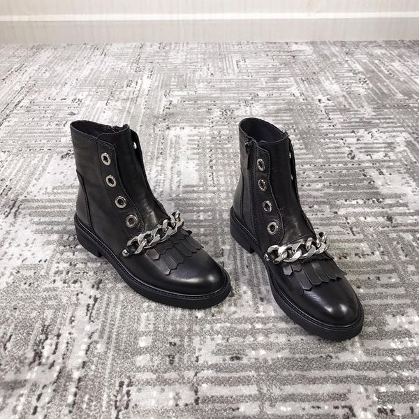 

women's fringed genuine leather boots metal chain decorations slip on short boots women designer women shoes 2021, Black