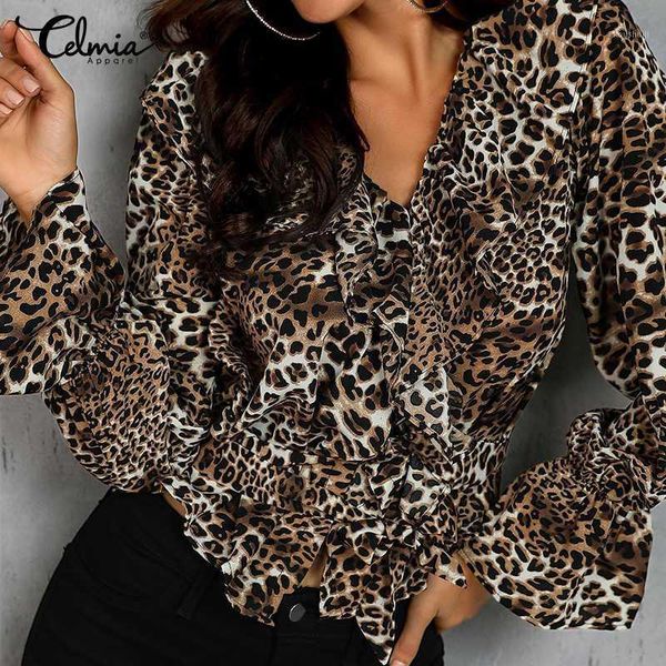 

women's blouse celmia vintage v-neck leopard print tunic ruffles fashion casual buttons blusas plus size shirt s-5xl 71, White
