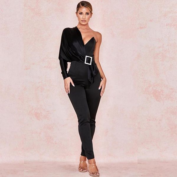 

2019 women fashion jumpsuit belt one shoulder one shoulder clubwear satin black bodycon verano celebrity party wholesale1, Black;white