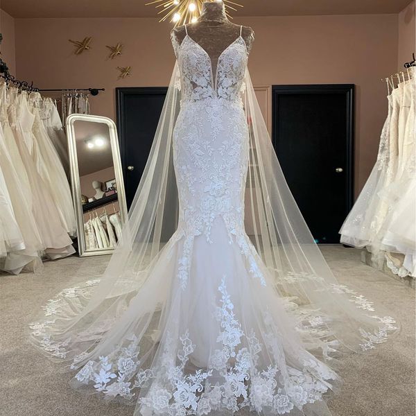 

charming lace mermaid backless wedding dresses with cape sheer beaded plunging neck plus size bridal gowns sweep train robe de mariÃ©e, White