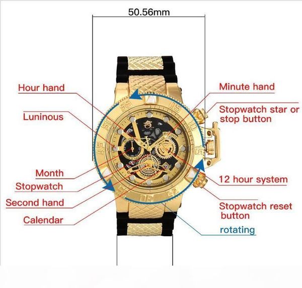 

swiss cosc invicta unbeaten model super rotating dial satch luminous calendar chronograph men's multifunction quartz wa, Slivery;brown