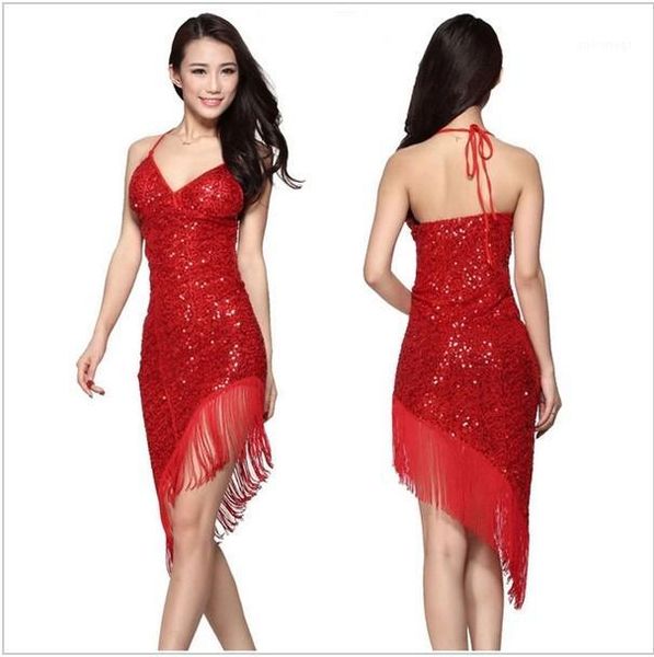 

new style latin dance costume mesh sequins tassel latin deance dress for women dance exercise dresses 5kinds of colors1, Black;red