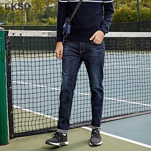 

lksd autumn winter new causal simple young men jeans fashion high waist straight ankel-length men's pants u172000651, Blue