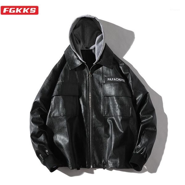 

fgkks fashion brand men pu leather jacket men's multi-pocket hooded jacket coats slim fit wild bomber leather jackets male1, Black