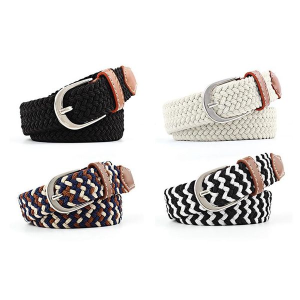 

canvas elastic waist belt men women waistband new woven leather pin buckle 2020, Black;brown