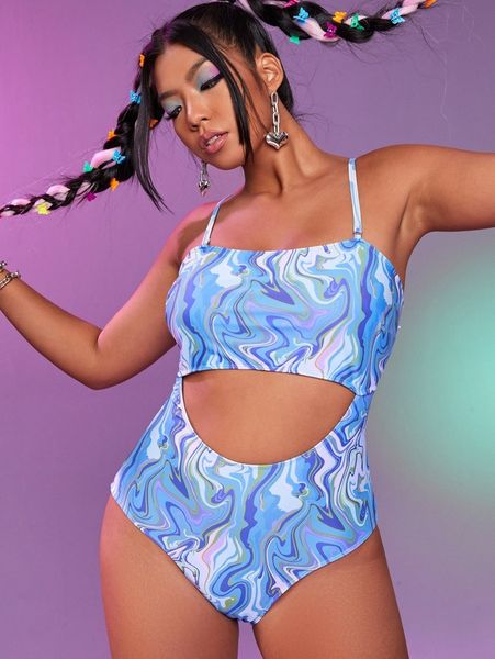 

plus wave print cut out one piece swimsuit b9r6#, Black