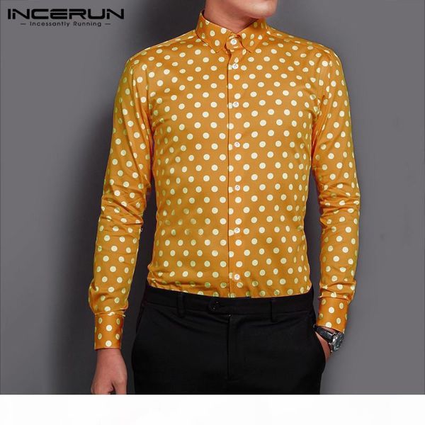 

incerun 2020 men polka dot printed shirt long sleeve lapel casual stylish single breasted business trend mens blouse masculina, White;black