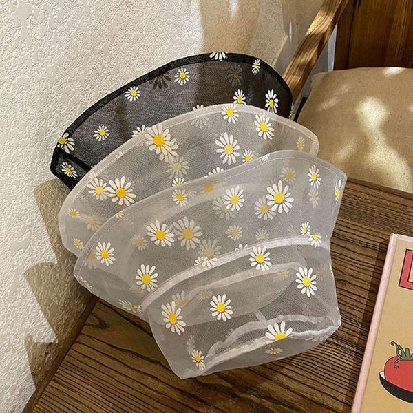 

summer thin mesh gauze small daisy print fisherman hat female outdoor breathable sun basin short brim women wide hats, Blue;gray