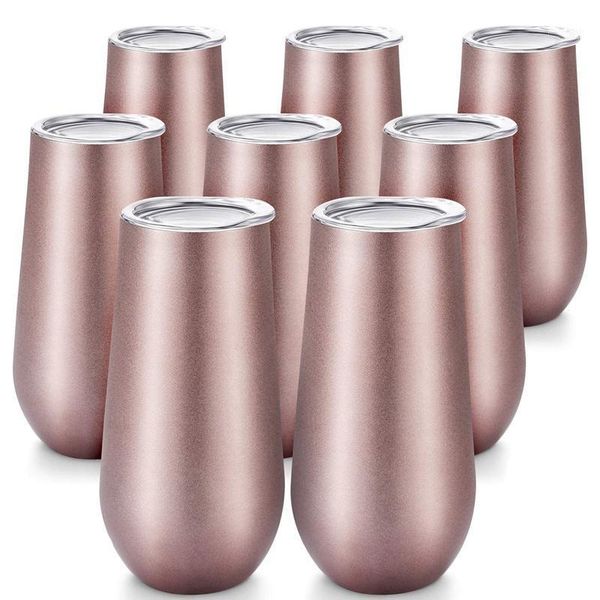 

water bottles 8 packs stemless champagne flutes wine tumbler, 6 oz double-insulated tumbler with lids unbreakable cocktail cups1
