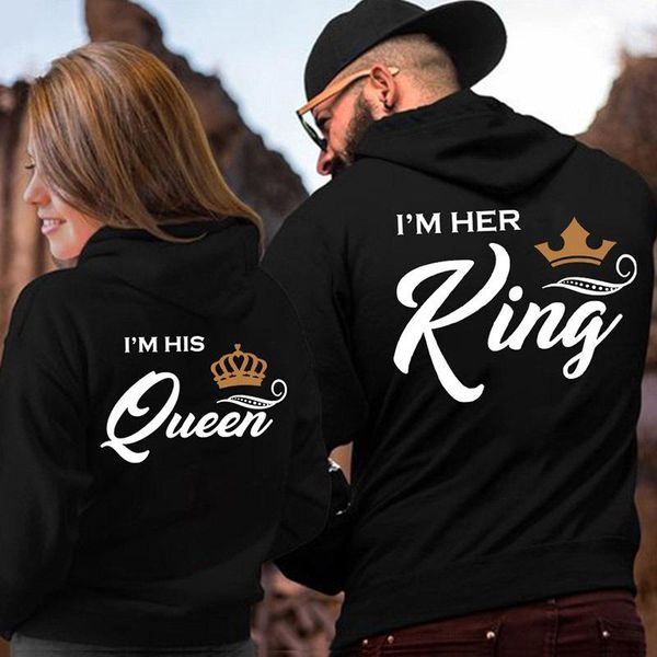 

king her his queen couple sleeve print sweatshirt cute hoody long hooded winter letter hoodies casual 2020 women rpbnj, Black;white