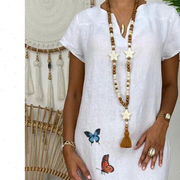 

h30 cotton linen white dress women casual loose v neck butterfly print short sleeve plus size dress vintage party dress, Black