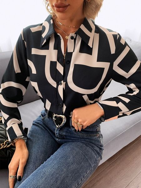 

letter graphic button front blouse 761l#, White