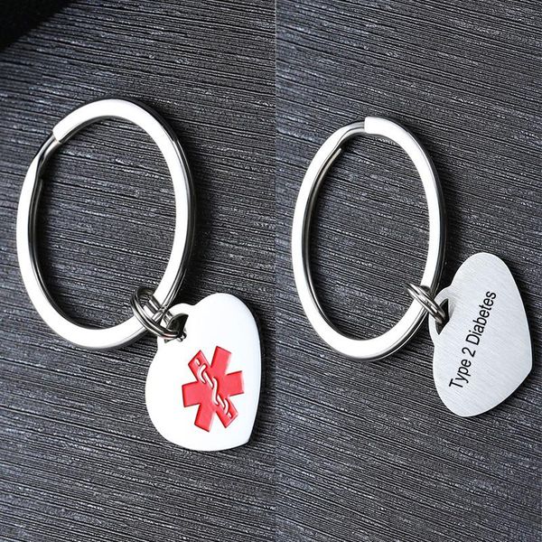 

keychains engrave stainless steel alert id heart shape keychain for women diabetes jewelry, Silver