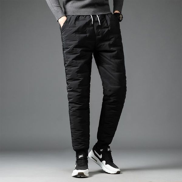 

winter man down pants solid black color thicken windproof warm cotton pants elastic waist outdoor trousers