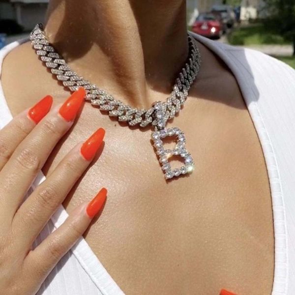 

chains iced out bling 5a cz initial cuban necklace women 10mm link chain with name 26 letter alphabet choker jewelry, Silver