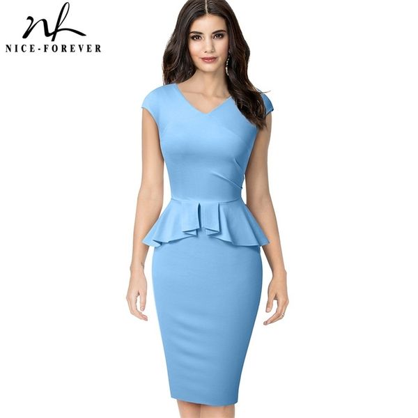 

nice-forever elegant solid color office work vestidos business formal party women peplum bodycon dress b580 y200418, Black;pink