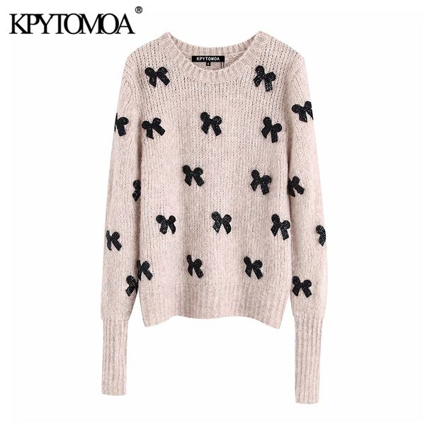 

vintage elegant bow tie appliques knitted sweater women 2020 fashion o neck long sleeve female pullovers chic c1120, White;black