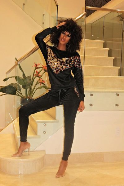 

two piece outfits for women sequined patchwork tshirt+pencil pants velvet tracksuit black red purple solid matching sets, Gray