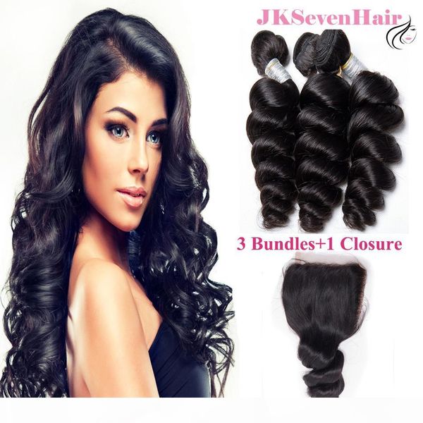 

12a grade loose wave brazilian virgin hair bundles 3pcs with 4x4 inch lace closure 100% unprocessed peruvian malaysian human hair weaves, Black