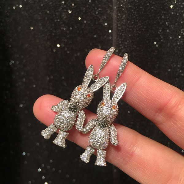 

rabbit earring girl creative sweet big ear pendant s925 silver needle luxury micro-set zircon round face earrings