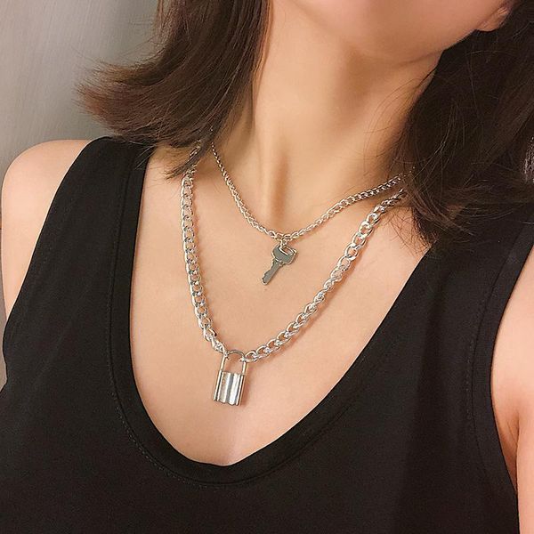 

silver color layered lock and key charm pendant necklace for women simple street style chain necklace short chokers
