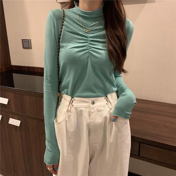 

women's t-shirt pleated half turtleneck bottoming shirt autumn and winter inner knitted t long sleeve western style white