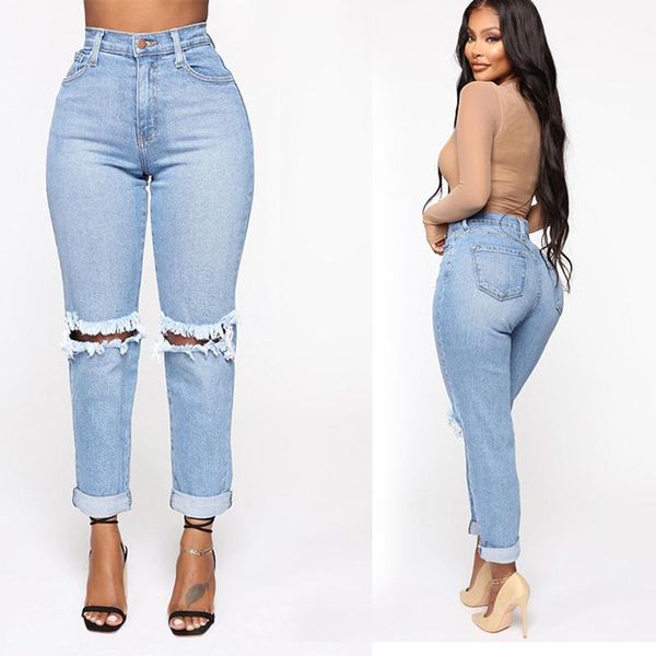 

high waist jeans hole ruined fashion casual hip hop ladies women pencil jeans denim ripped large size, Blue