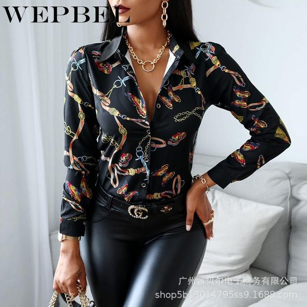 

wepbel women elegant spring autumn butterfly print shirt ladies long sleeve turn down collar loose blouse, White