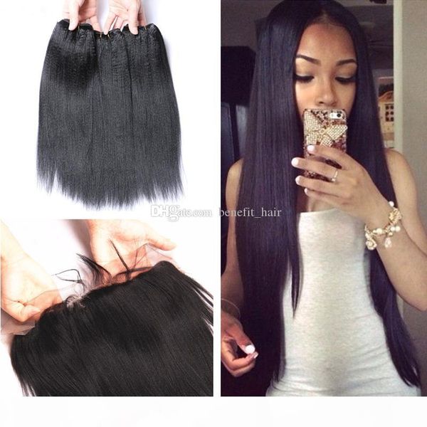 

yaki straight hair bundles with 13x4 frontal closure with baby hair light yaki ear to ear frontal with hair weft 4pcs lot, Black