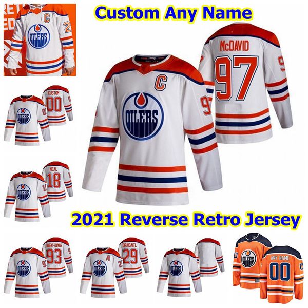 

edmonton oilers 2021 reverse retro hockey jersey 10 joakim nygard patrick russell riley sheahan ethan bear matt benning custom stitched mens, Black;red