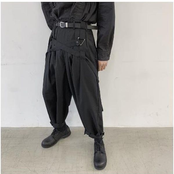 

men's pants bandage slacks men's nine minute pants hip hop wide leg stage japanese yamamoto style punk gothic trend, Black