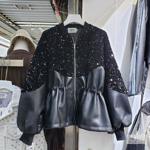 

women's leather & faux bling sequins spliced fashion black large size jacket women drawstring zipper short coat female sa035s50