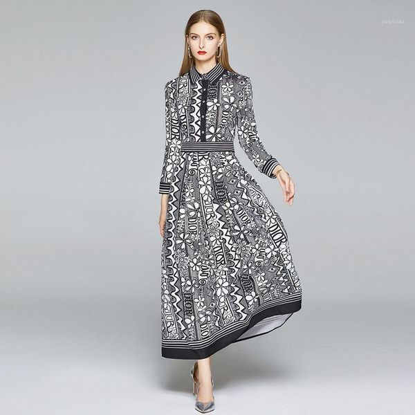

2020 autumn winter women fashion casual design runway dresses long sleeve plus size elegant slim vintage print maxi dress1, Black;gray