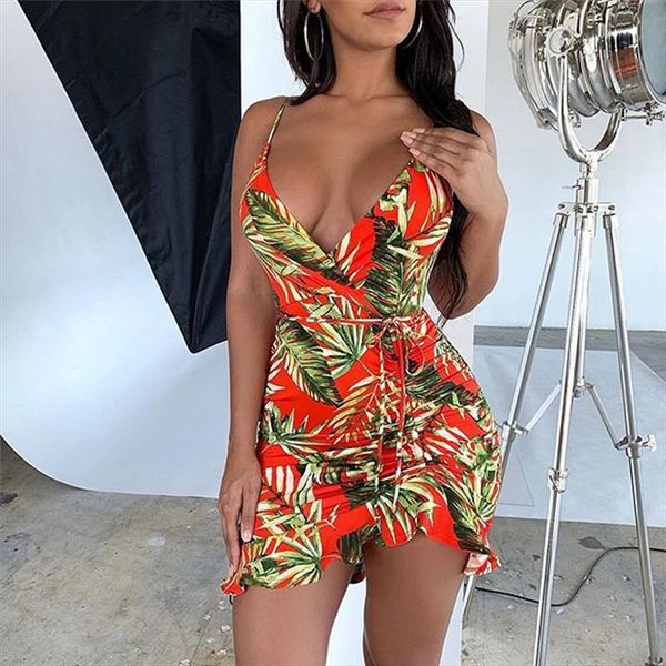 

womens tropical leaves mini dress sleeveless bandage elegant ladies party boho beach dresses summer ruffles sundress 2021, Black;gray