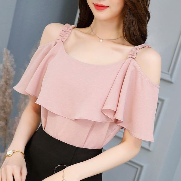 

2018 summer fashion women short sleeve blouse off shoulder chiffon shirts women and blouses pink white casual blouse