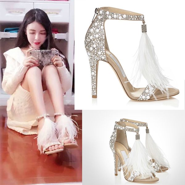 

2020 new fashion designer women shoes with feather rhinestone summer sandals high heels crystals party bridal shoes for women, Black
