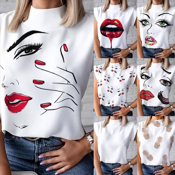 

h40 women elegant lips print blouse shirts 2020 summer casual stand neck pullovers ladies cute eye short sleeve blusa, White