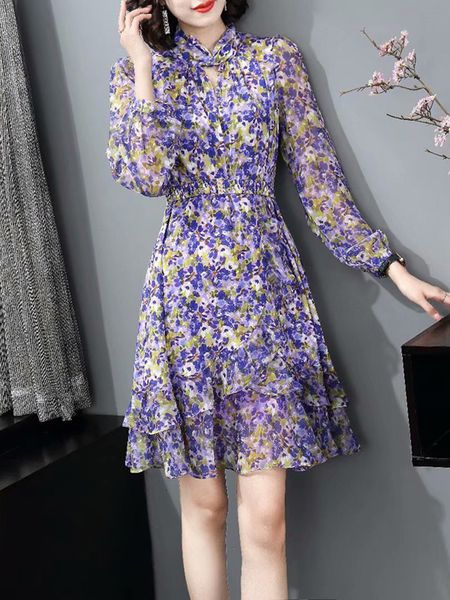 

2021 new spring vintage style printing flower thin belt long fishtail sleeves dress women's clothes lhm6, Black;gray