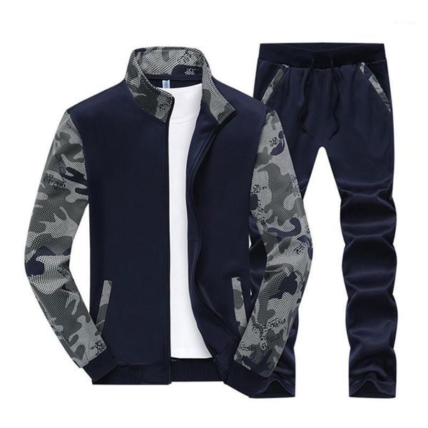 

fashion men's casual camouflage tracksuits sets solid color long sleeve patchwork sweatshirt coat with running jogging pant1, Gray