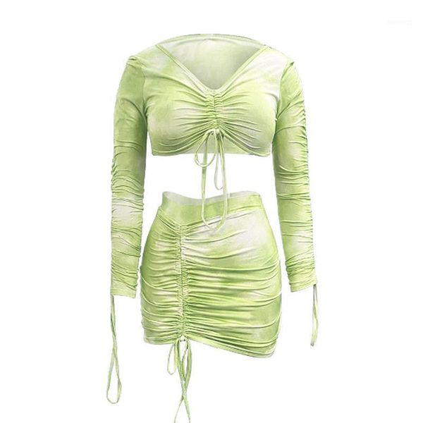 

2pcs ladies short skirt set summer unique printing strapless long sleeve lace up crop + ruched mini skirt kit1, Gray