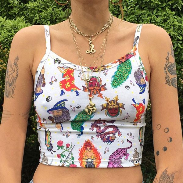 

women summer crop tank harajuku women sling shirt vintage camisole front strap print fashion shirt summer top, White